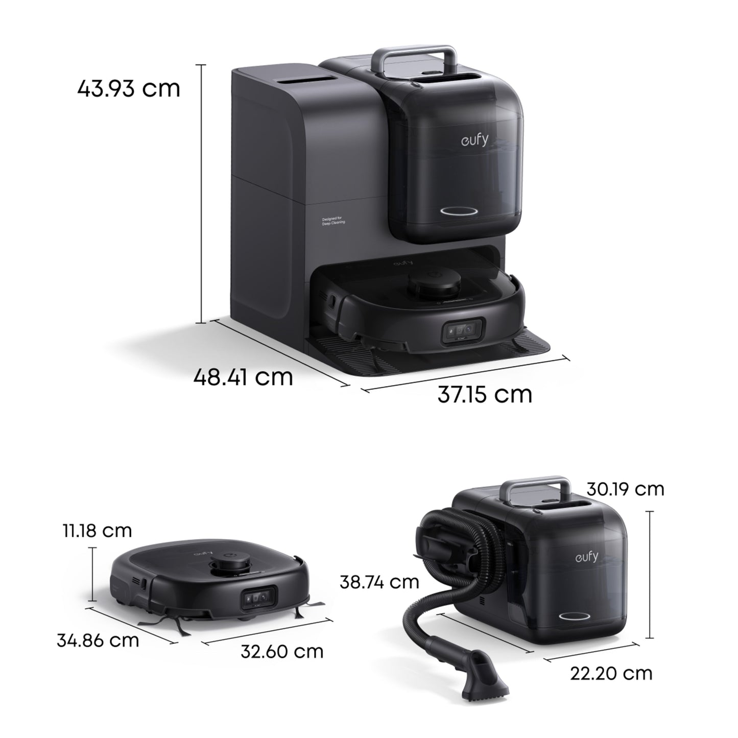 Eufy Omni E28 robotstøvsuger med moppe og basestation, flere vinkler, mål: 43,93×48,41×37,15 cm og 11,18×34,86×32,60 cm.