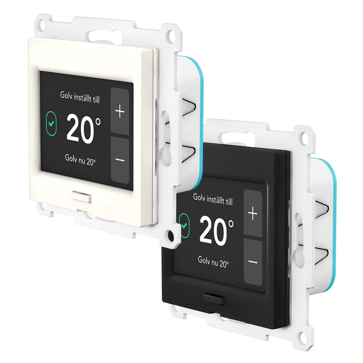 Plejd TRM-01 smart termostat til gulvvarme, hvid og sort, digitalt display 20°C, svenske tekster, plus/minus knapper.