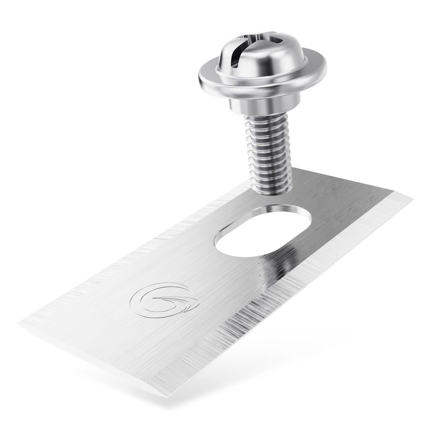 Grimsholm Kniv til MOVA robotplæneklippere 12 stk, metallic skrue i ovalt hul, savtakket kant, indgraveret logo.