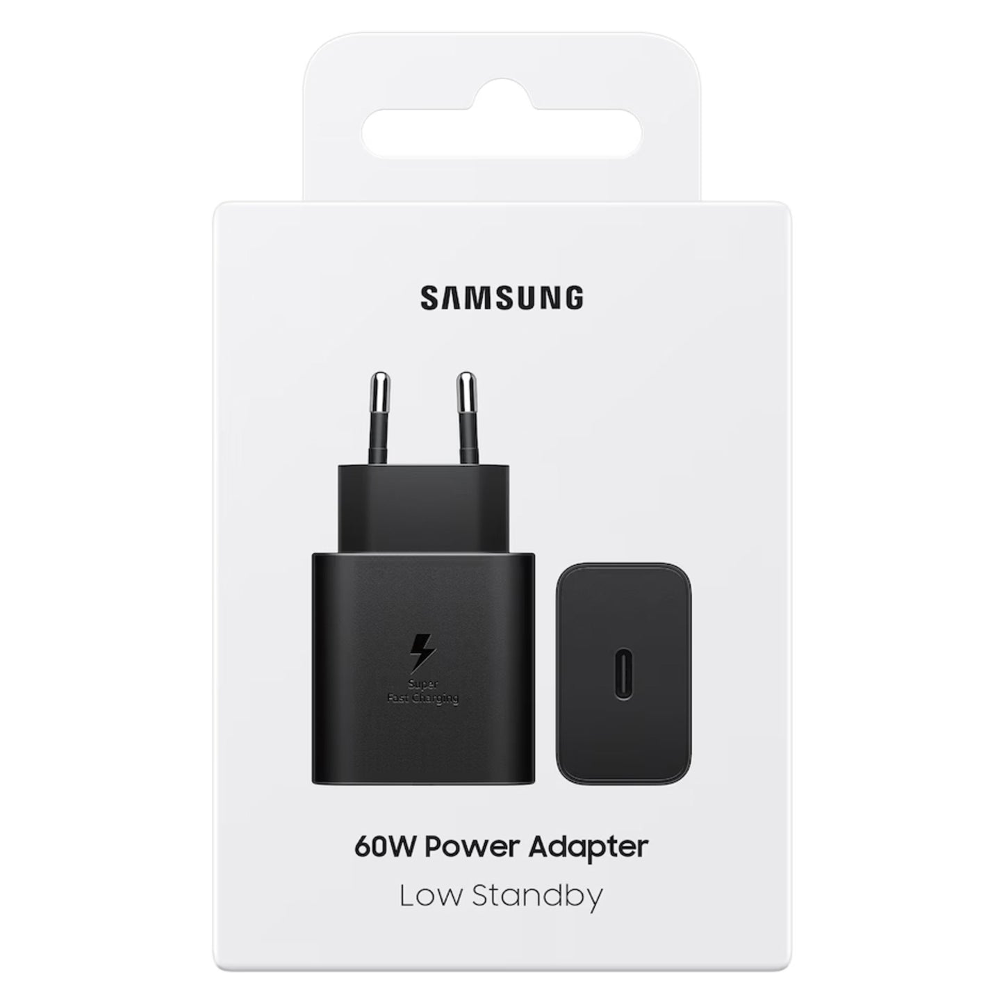 Samsung 60W USB-C oplader i sort med to runde stik, USB-C port, tekst "SAMSUNG", "60W Power Adapter", "Low Standby.
