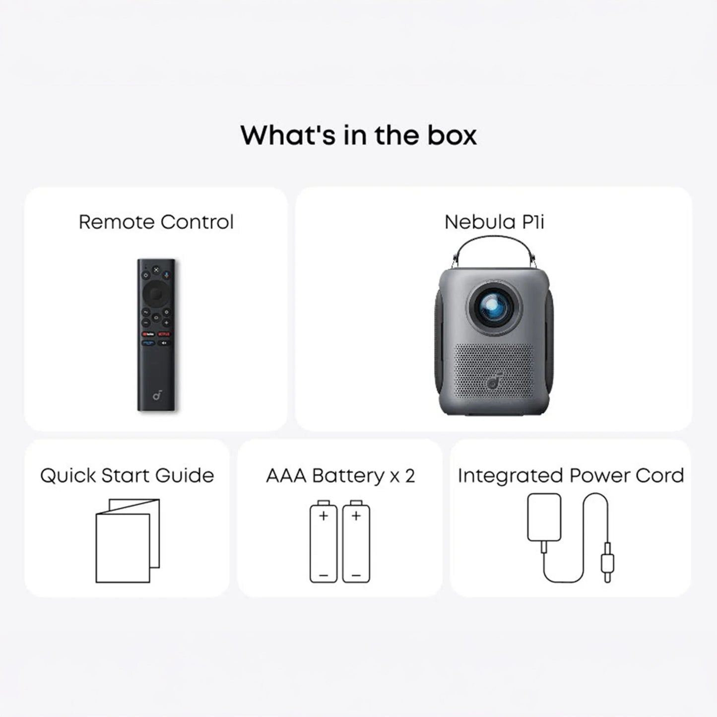 Nebula Soundcore P1i smart bærbar projektor sort, vendbare højttalere, fjernbetjening, quick guide, 2 AAA-batterier, strømkabel.