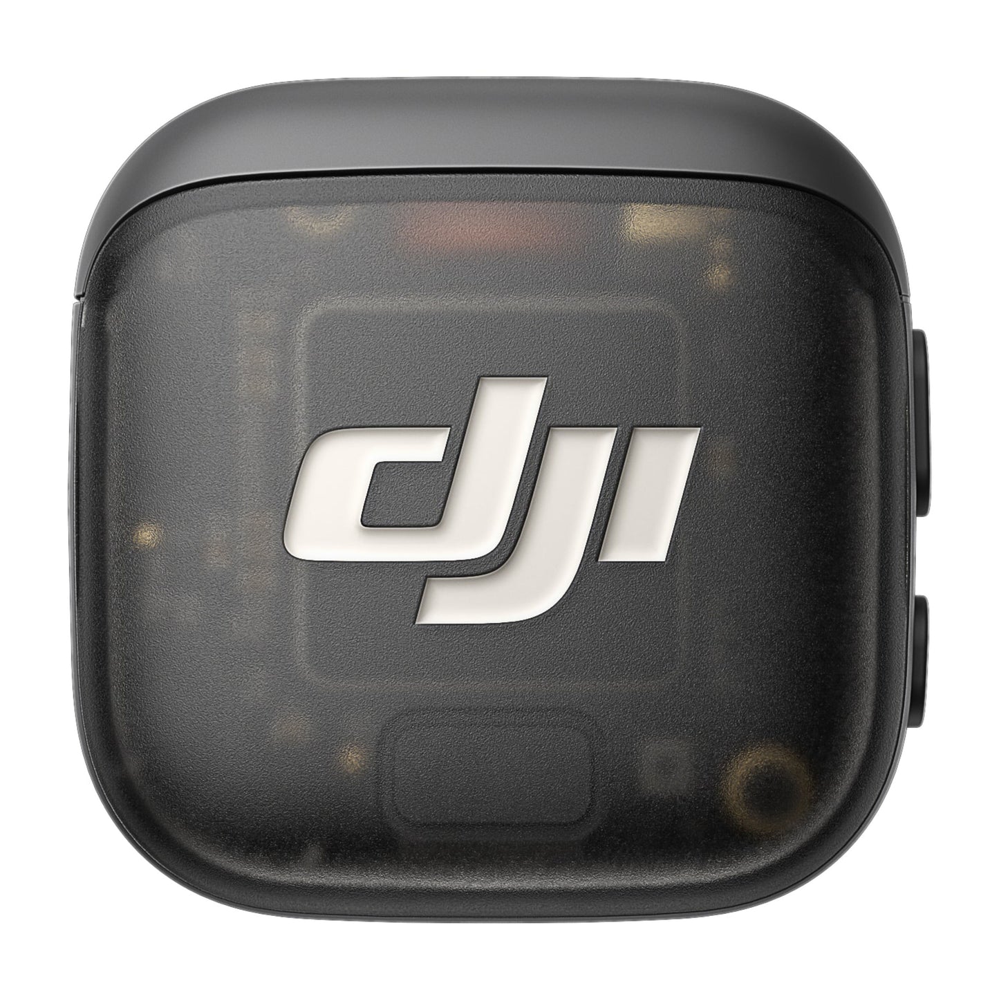 DJI Mic 3 Sender sort trådløs mikrofontransmitter med hvidt DJI-logo, afrundede hjørner og delvis gennemsigtig kabine.