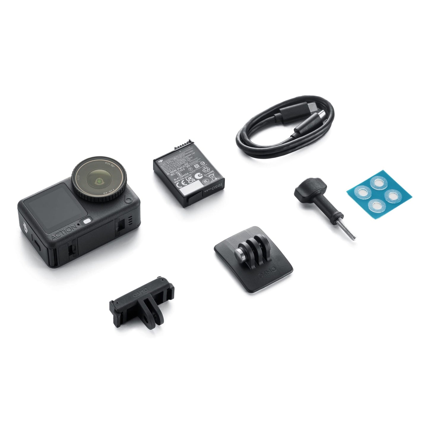 DJI Osmo Action 6 Standard Combo med batteri, USB-C-kabel, monteringsbeslag og klæbepuder, RockSteady 3.0-stabilisering.