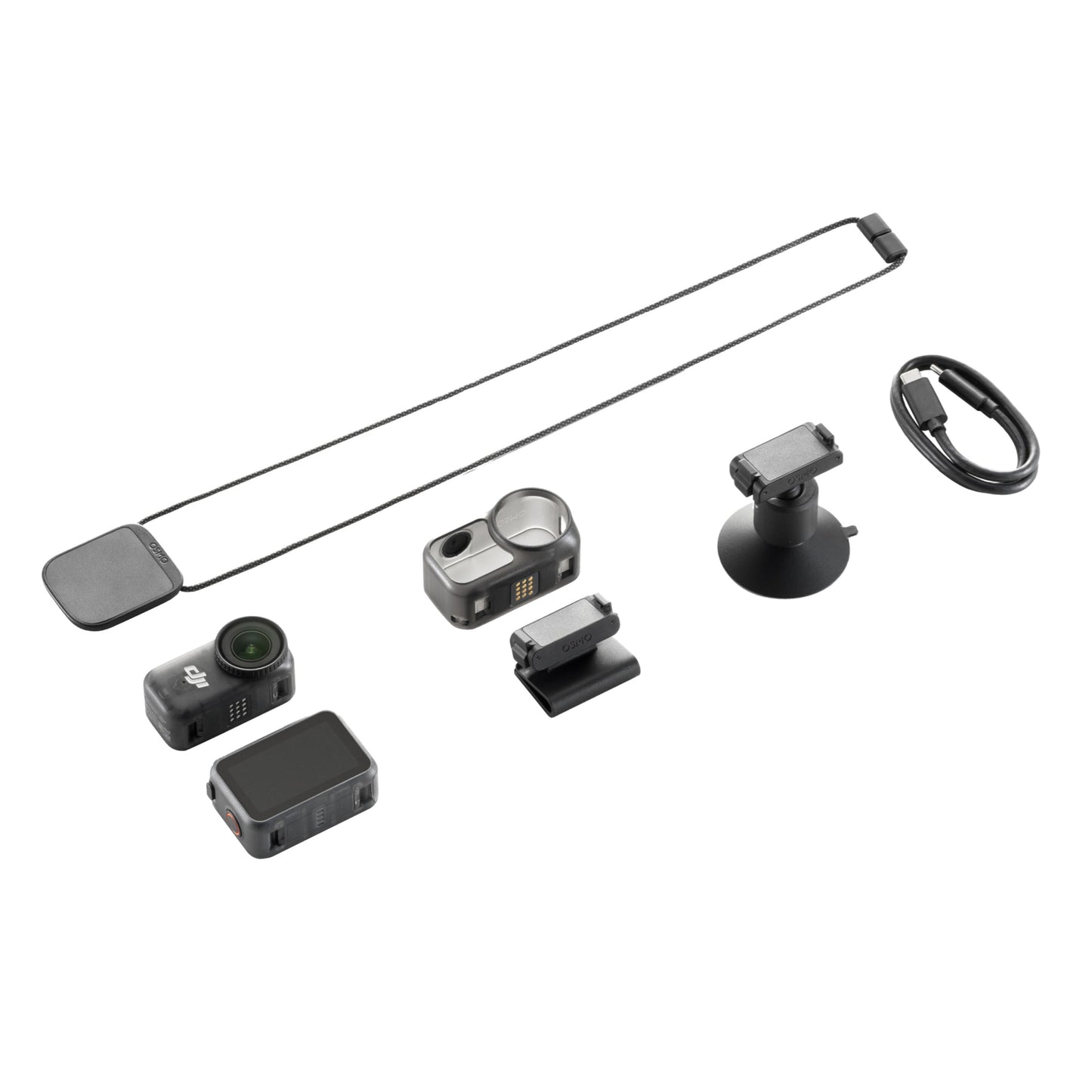 DJI Osmo Nano actionkamera 128 GB med batteri, magnetiske holdere, opladerkabel, rem og adapter.