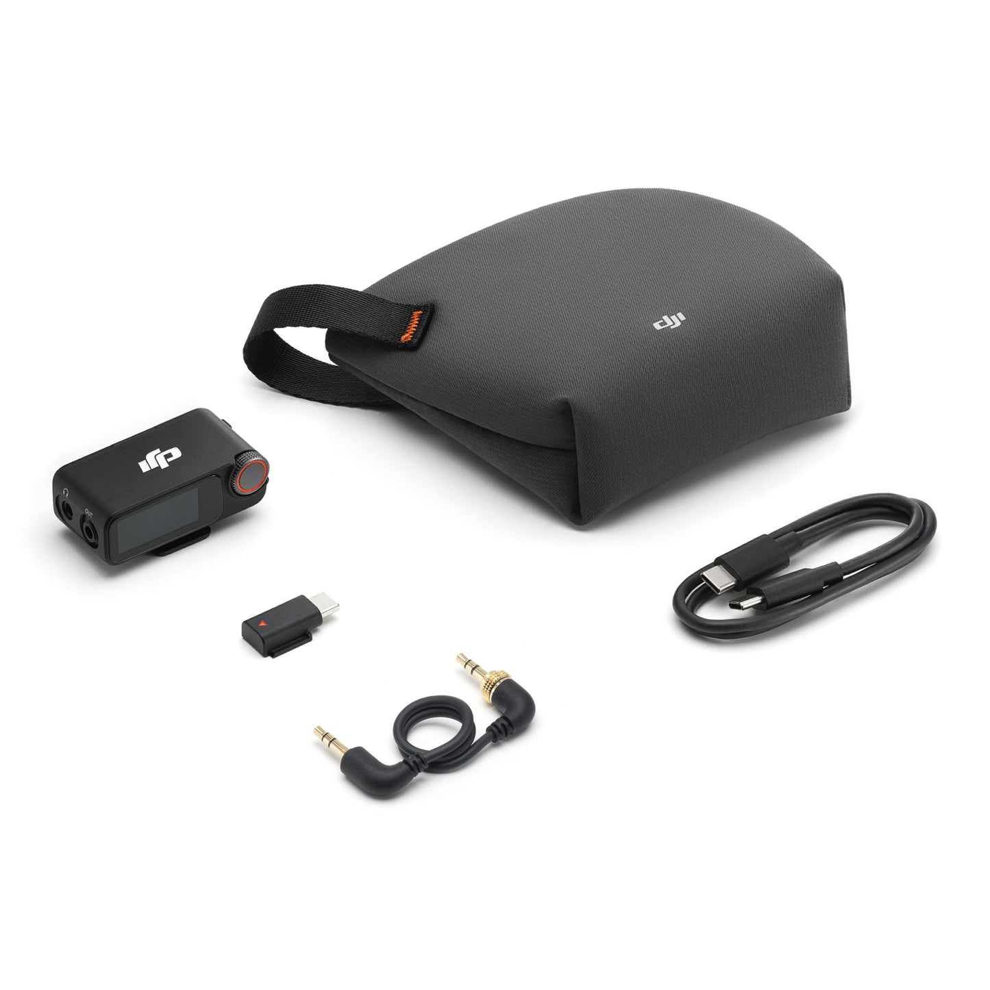 DJI Mic 3 Receiver trådløs mikrofonmodtager 1 RX med opladningsetui, USB-C kabel, adapter og audiokabel.