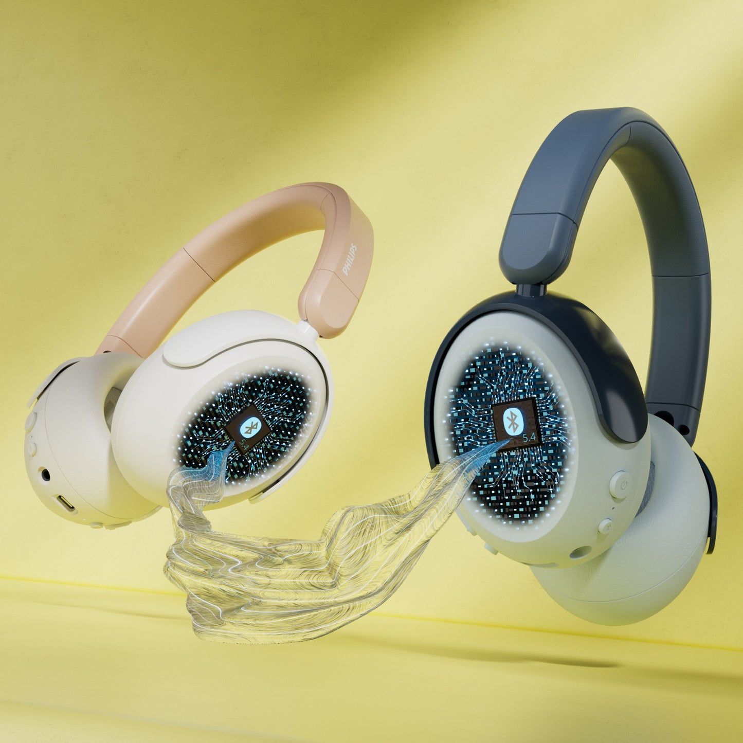 Philips 5000-serien trådløse over-ear børnehovedtelefoner blå og beige mod gul baggrund med digitale bølger.