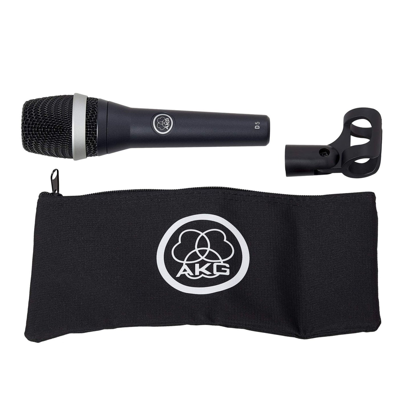 AKG D5 sort dynamisk sangmikrofon med superkardioid karakteristik, mikrofonklemme og sort taske med hvidt AKG-logo.