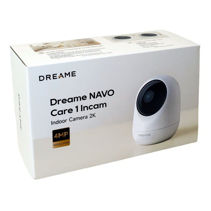 DREAME NAVO Care 1 InCam hvid overvågningskamera-æske med et billede af kameraet og angivelse af 4 MP opløsning.