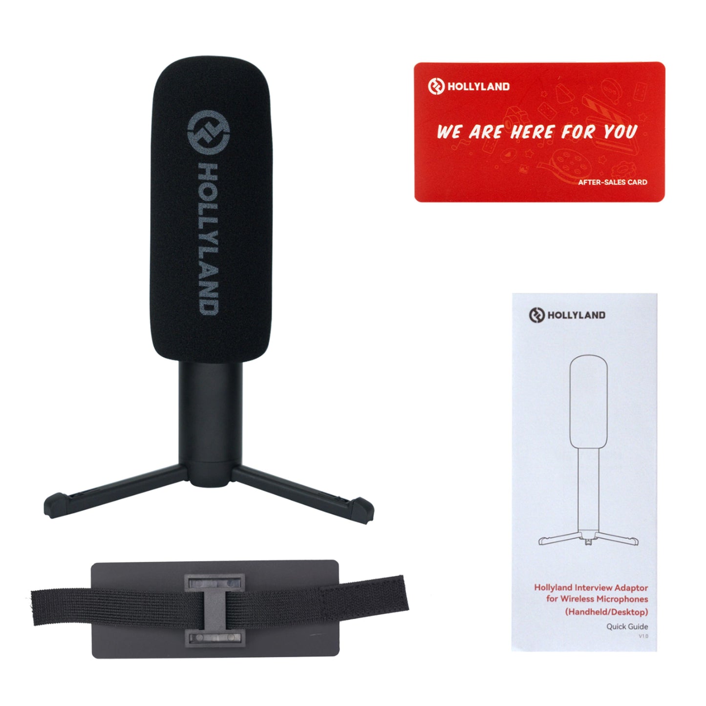 Hollyland Interview Adapter kit til trådløse mikrofoner med sort reporter mikrofon på stativ, manual, kort og rem.