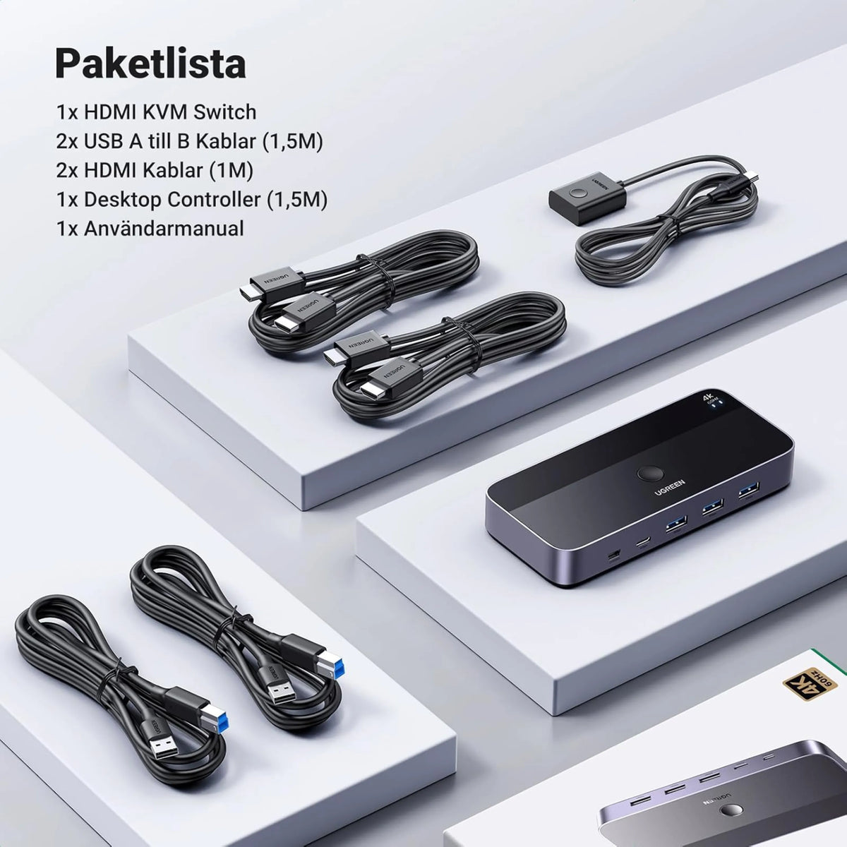 UGREEN 4K HDMI KVM-switch til 2 computere, 4K60Hz, 4 USB 3.0-porte, desktop-controller, kabler og brugsanvisning.