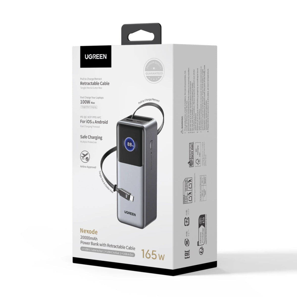 Ugreen Nexode powerbank 20.000 mAh 165 W med indbygget USB-C-kabel og digitalt display på 88 i emballagen.