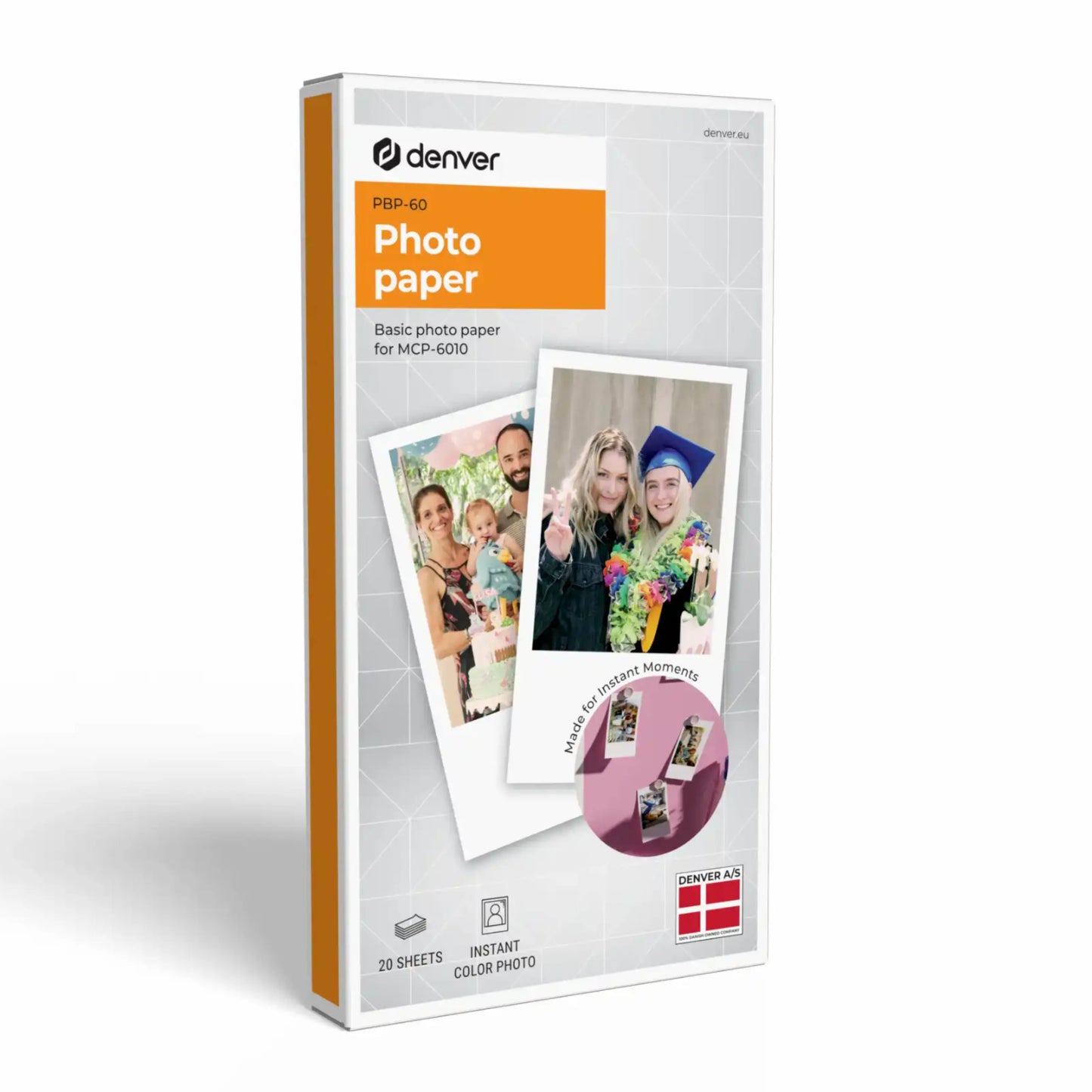 Denver Fotopapir til mobilprinter MCP-6010 20 ark, billeder af familie og studenter, "20 ark", "instant color photo", dansk flag.