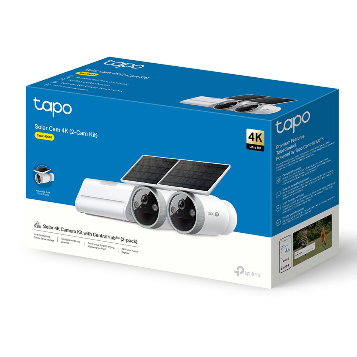 Emballage til TP-Link Tapo HB610 4K-kamerasæt med to solcellekameraer og H500-hub til trådløs overvågning.