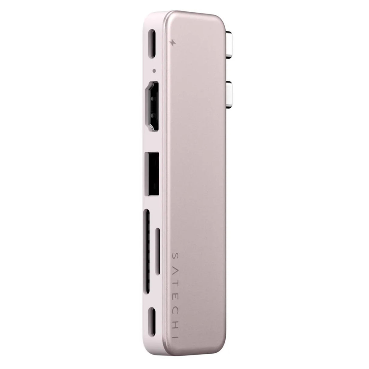 Satechi USB-C Snap Hub Neo Rouge med seks porte: HDMI, USB-A, SD og microSD til MacBook Neo.