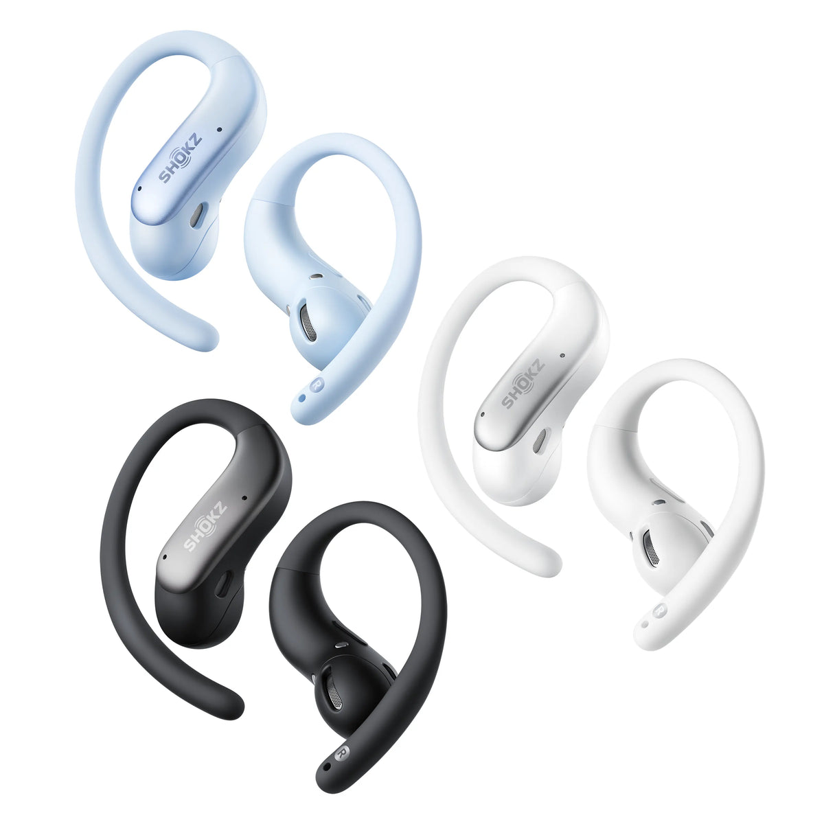 SHOKZ OpenFit Air 2 åbne øretelefoner med ørekrog, synligt SHOKZ-logo, blå udgave, fås også i sort og hvid.