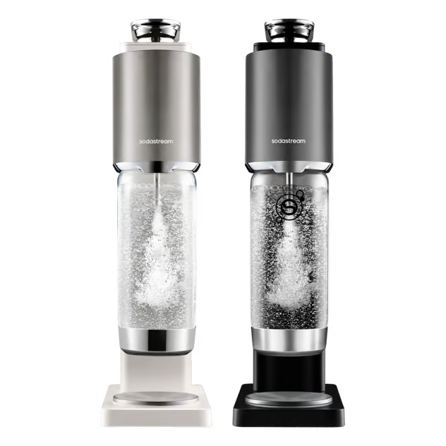 Hvid og sort SodaStream Fresh Plus sodavandsmaskine med monteret fyldt kulsyreflaske, uden CO2-cylinder.