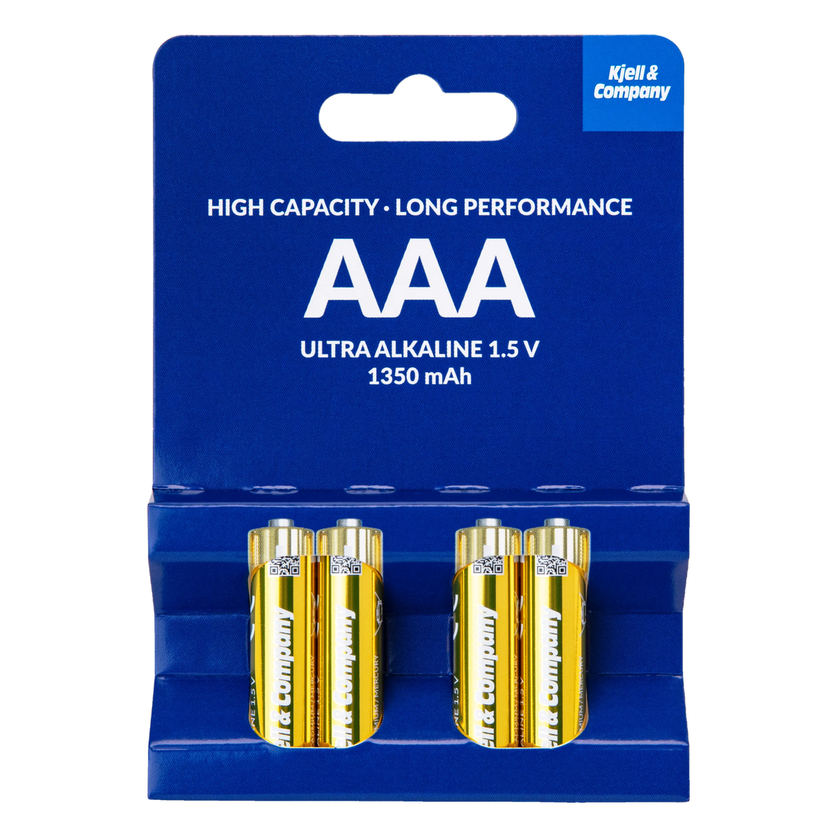 Blå 4-pak Kjell Company Ultra Alkaline AAA-batterier LR03 1350 mAh.