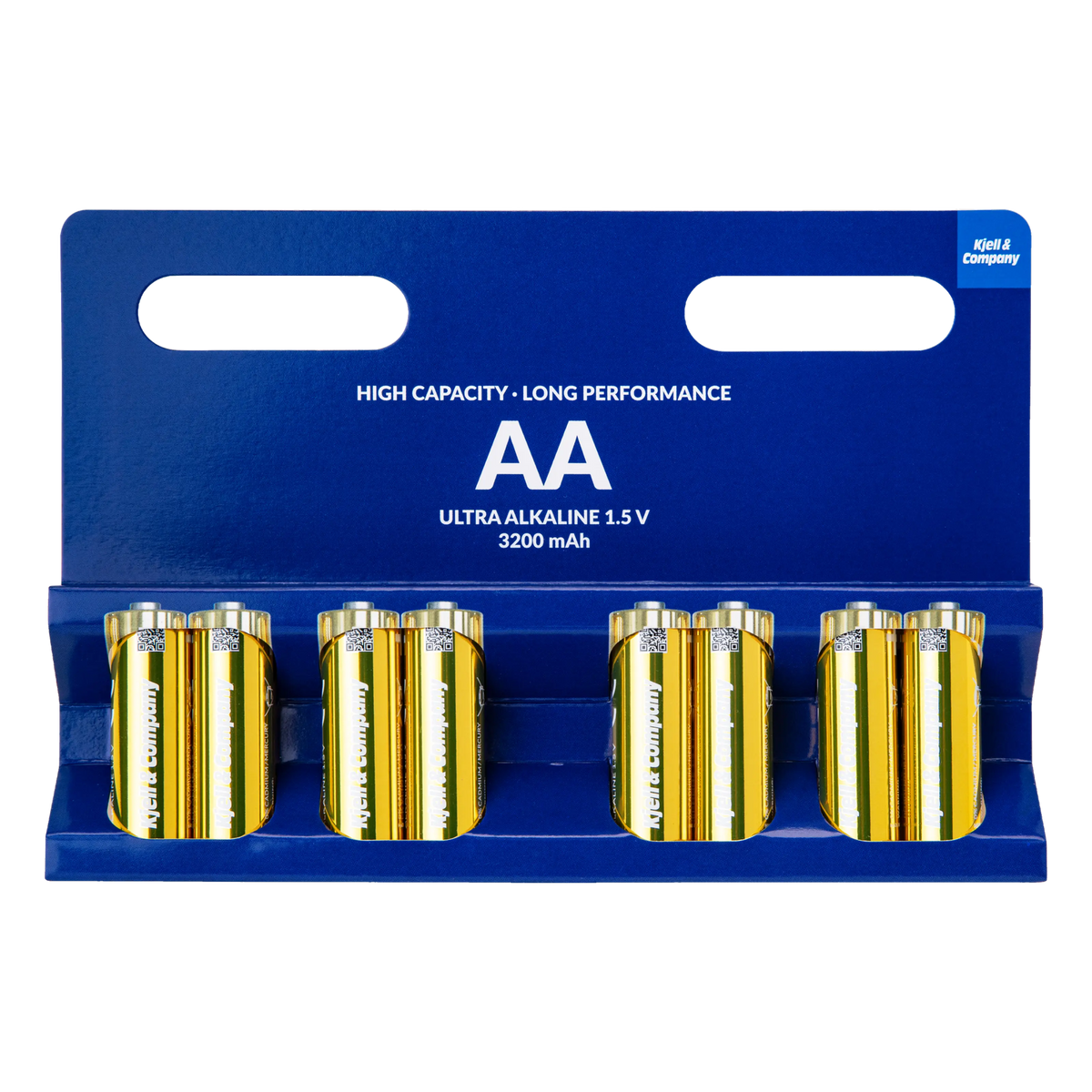 Pakke med 8 stk. Kjell Company Ultra Alkaline AA-batterier LR6 3200 mAh i blå papæske.