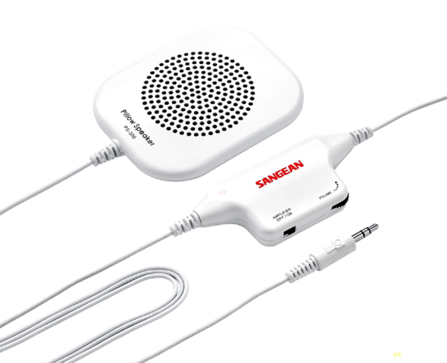 Sangean pudehøjttaler med perforeret front, tilsluttet via ledning til lydadapter og 3,5 mm jackstik.