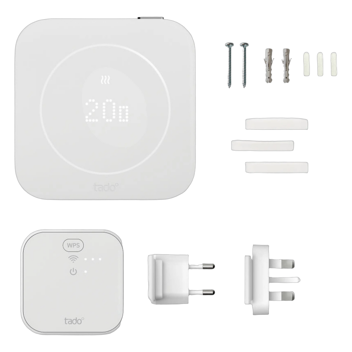 Tado° kablet smart termostat X, 2. generation, startpakke med Bridge X, digitalt display, WPS-bridge, stikadaptere og OpenTherm-sæt.