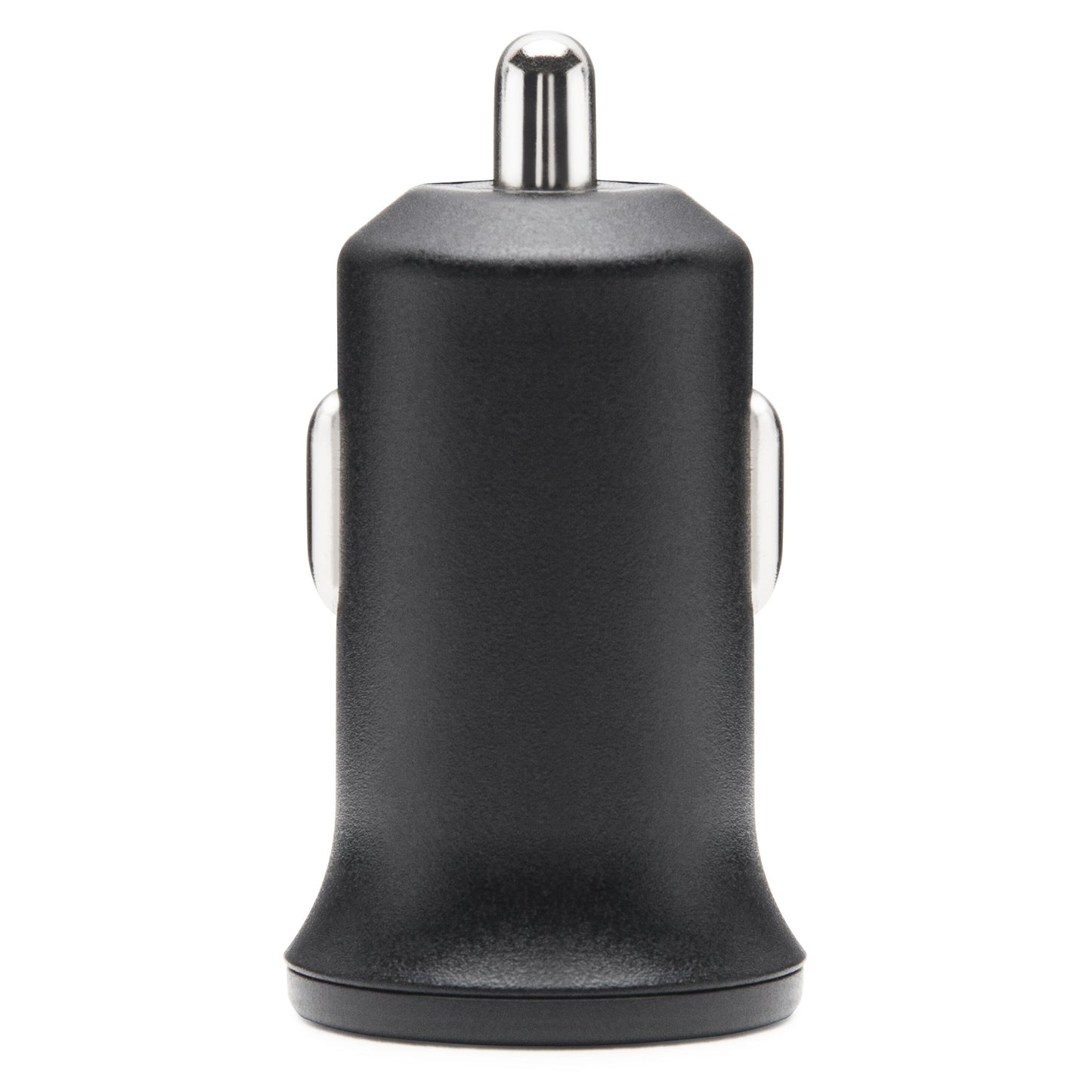 Mini USB-biloplader 2,4A sort med sølvfarvet metalspids, frontvendt vinkel.