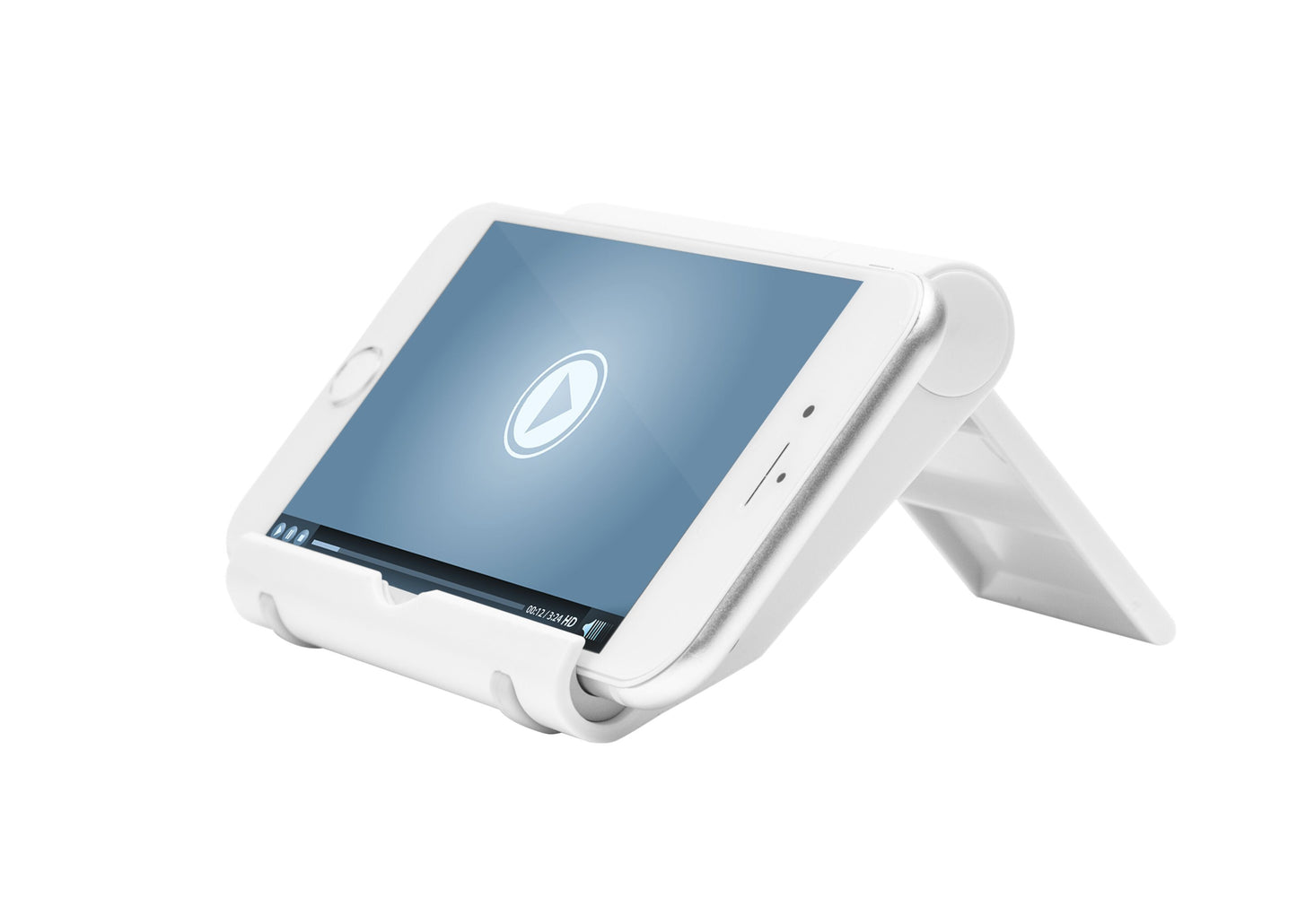 Linocell stativ til mobil og tablet hvid, telefon i liggende position med videoplayer synlig på skærmen.