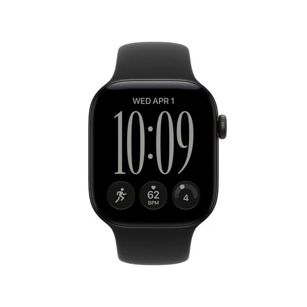 Apple Watch Series 12 (GPS) 42 mm, sort, S/M, sort rem, digital skærm med klokkeslæt, dato og aktivitetsikoner.