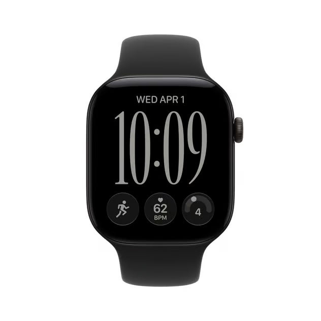 Apple Watch Series 12 46 mm GPS, sort, M/L med digital urskive samt sundheds- og aktivitetsdata.