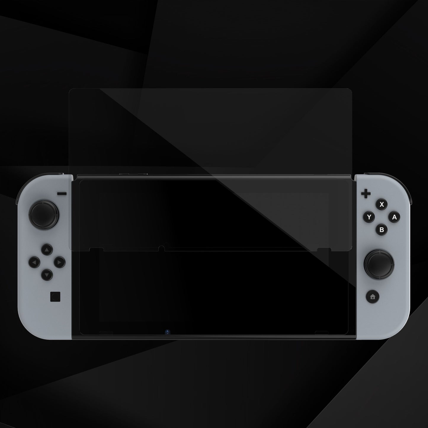 Nintendo Switch med grå controllere og skærmbeskyttelse i glas, set forfra.