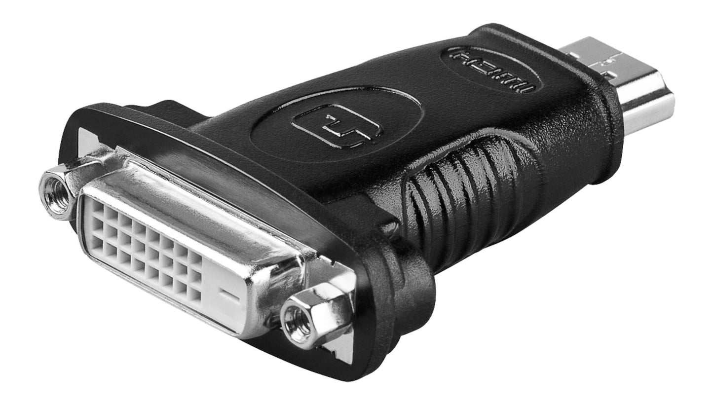 Adapter fra DVI til HDMI med HDMI-stik i den ene ende og DVI-stik med skruer i den anden.