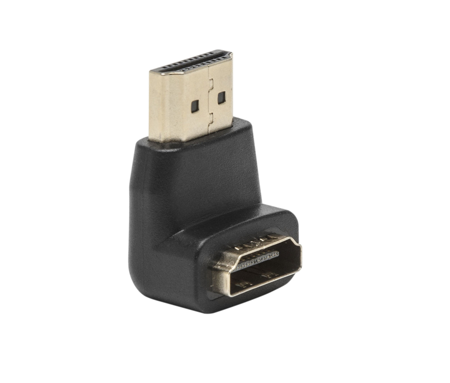 HDMI-vinkeladapter nedadvendt sort, hanstik øverst og hunport nederst, begge guldbelagte til fleksibel HDMI-forbindelse.