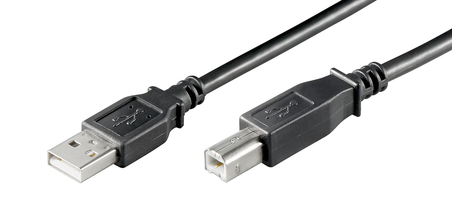 USB-B-kabel 5 m sort med USB-A til USB-B stik, egnet til printere og kompatible enheder.