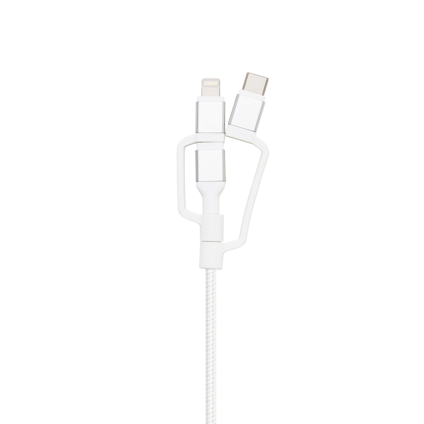 Linocell Premium flettet Micro-USB-kabel med udskiftelige Lightning- og USB-C-adaptere, hvid.