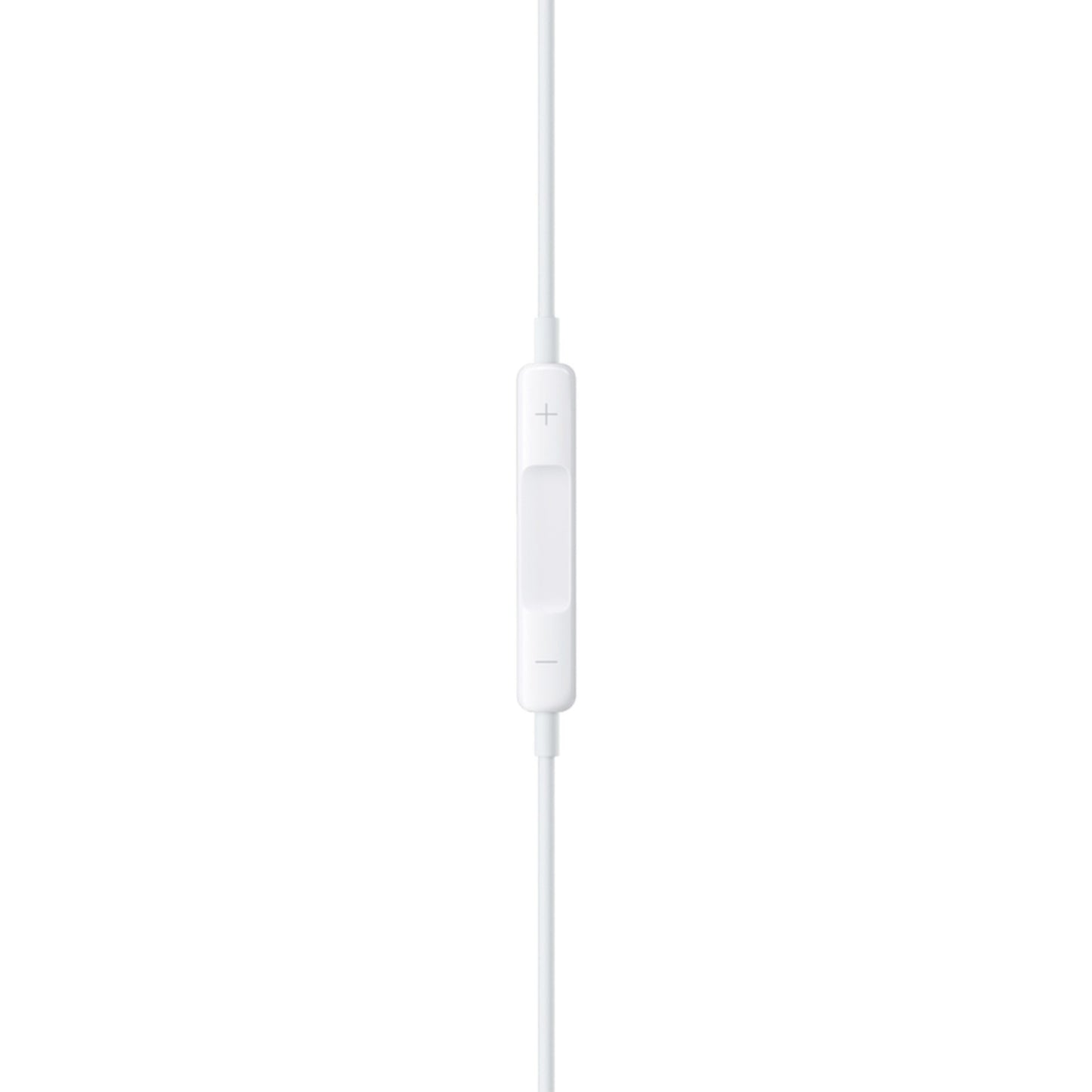 Apple EarPods med Lightning-stik, hvide øretelefoner med inline fjernbetjening og tre knapper til lydstyrke og afspilning.