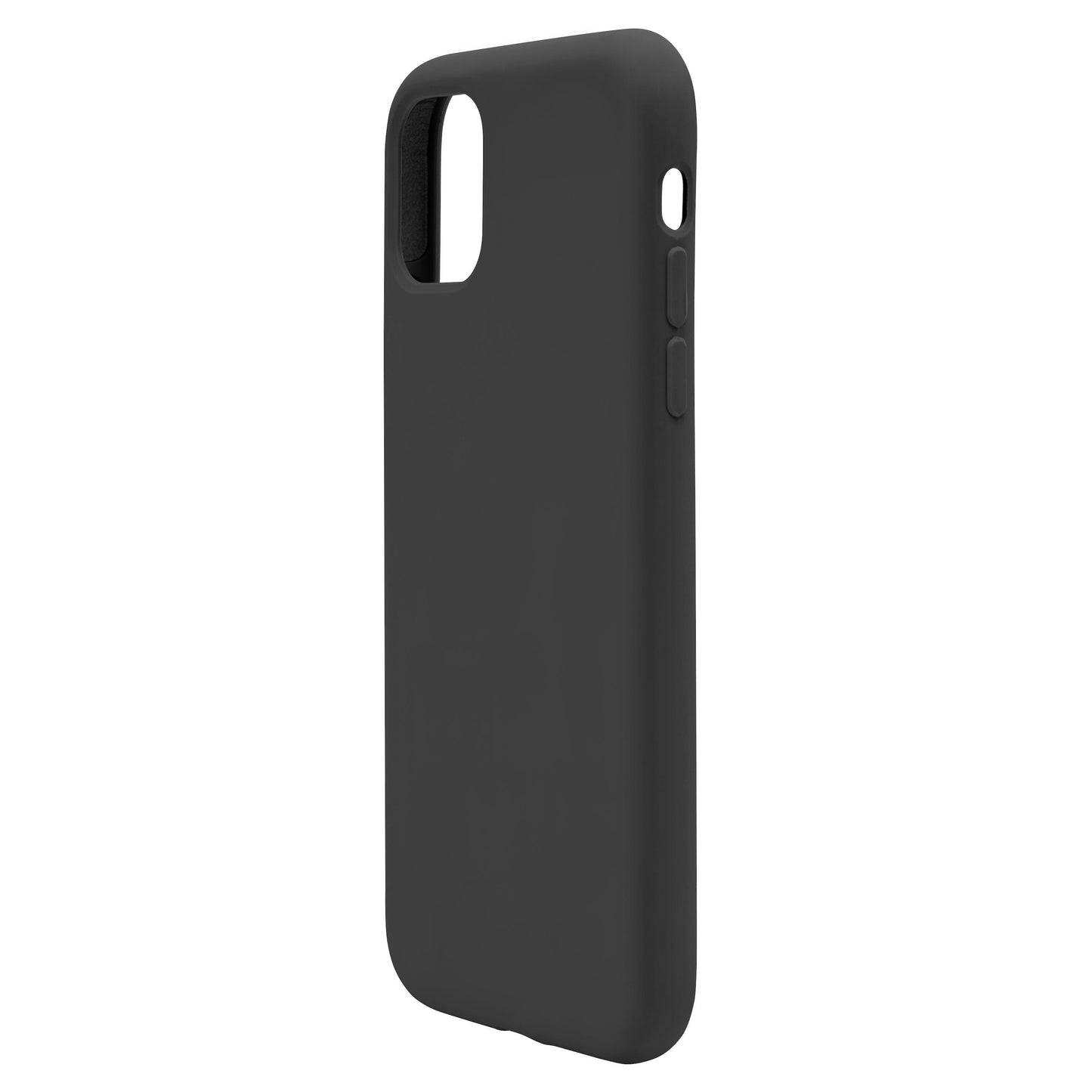 Mobilcover til iPhone 11/XR Sort med udskæringer til kamera, knapper og porte, vises fra skrå vinkel.