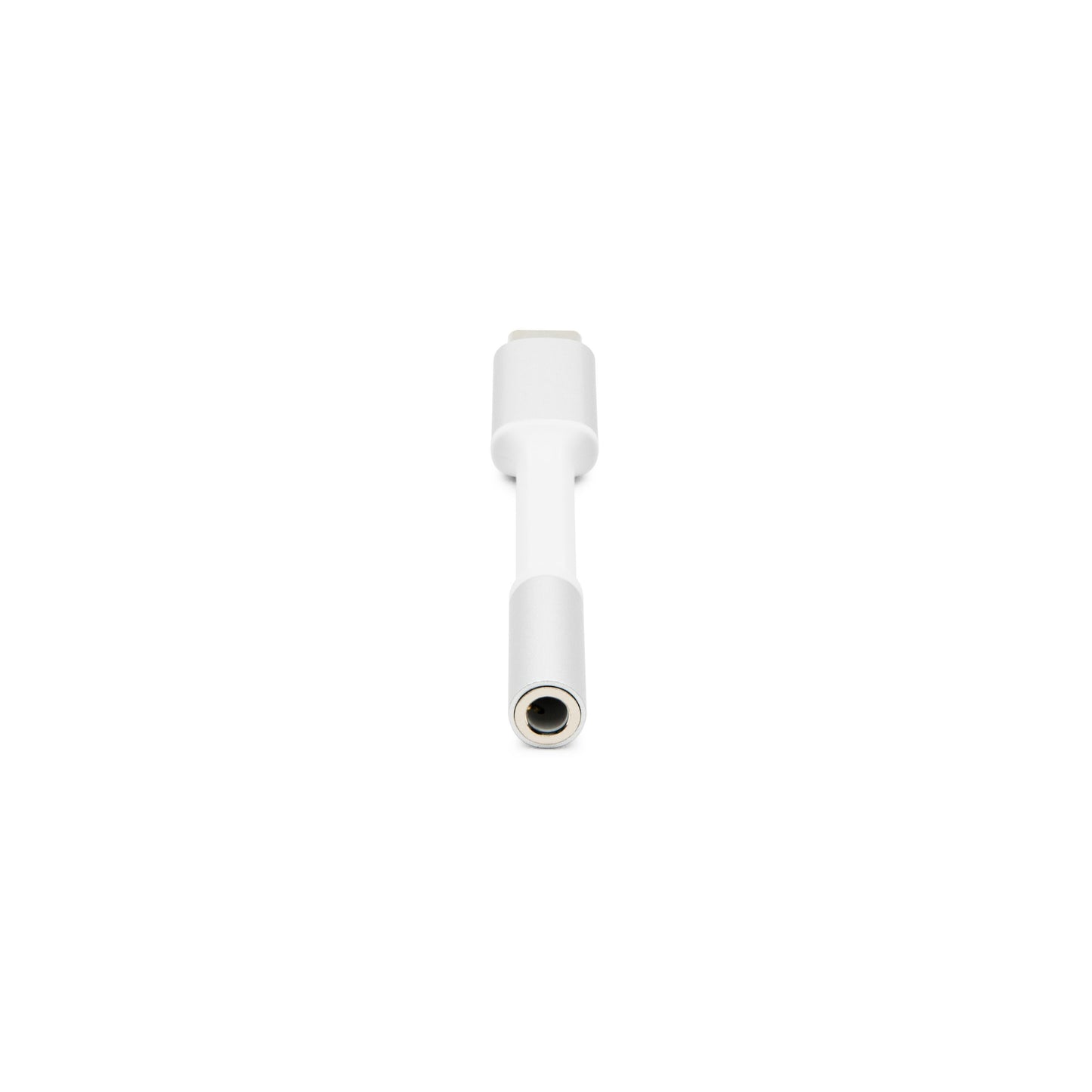 Linocell USB-C til 3,5 mm adapter i hvid, sæt fra jack-stik enden med synligt USB-C stik.