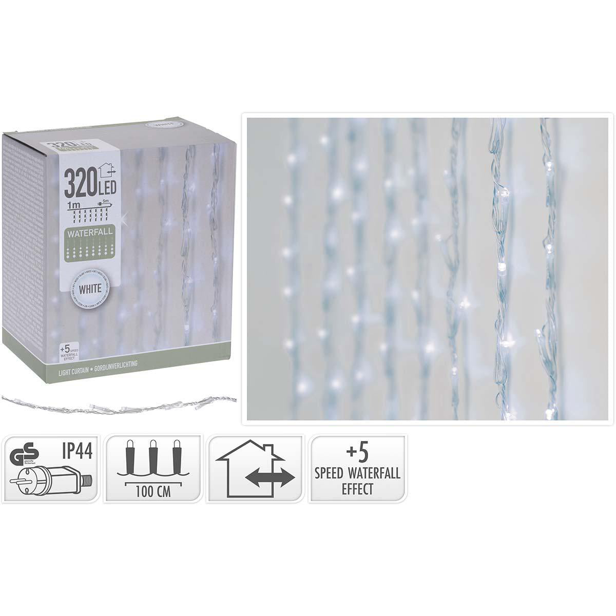 Lysgardin 230V 320 LED kølig hvid, vandfaldseffekt, IP44, 1x5m, til inde/ude brug, 5 hastigheder, i æske med klare ledninger.