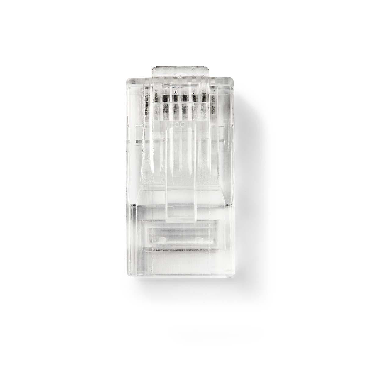 RJ45 modularstik til blød Cat 6 UTP kabel, 10 stk, klar plast med synlige metalkontakter og indre struktur.