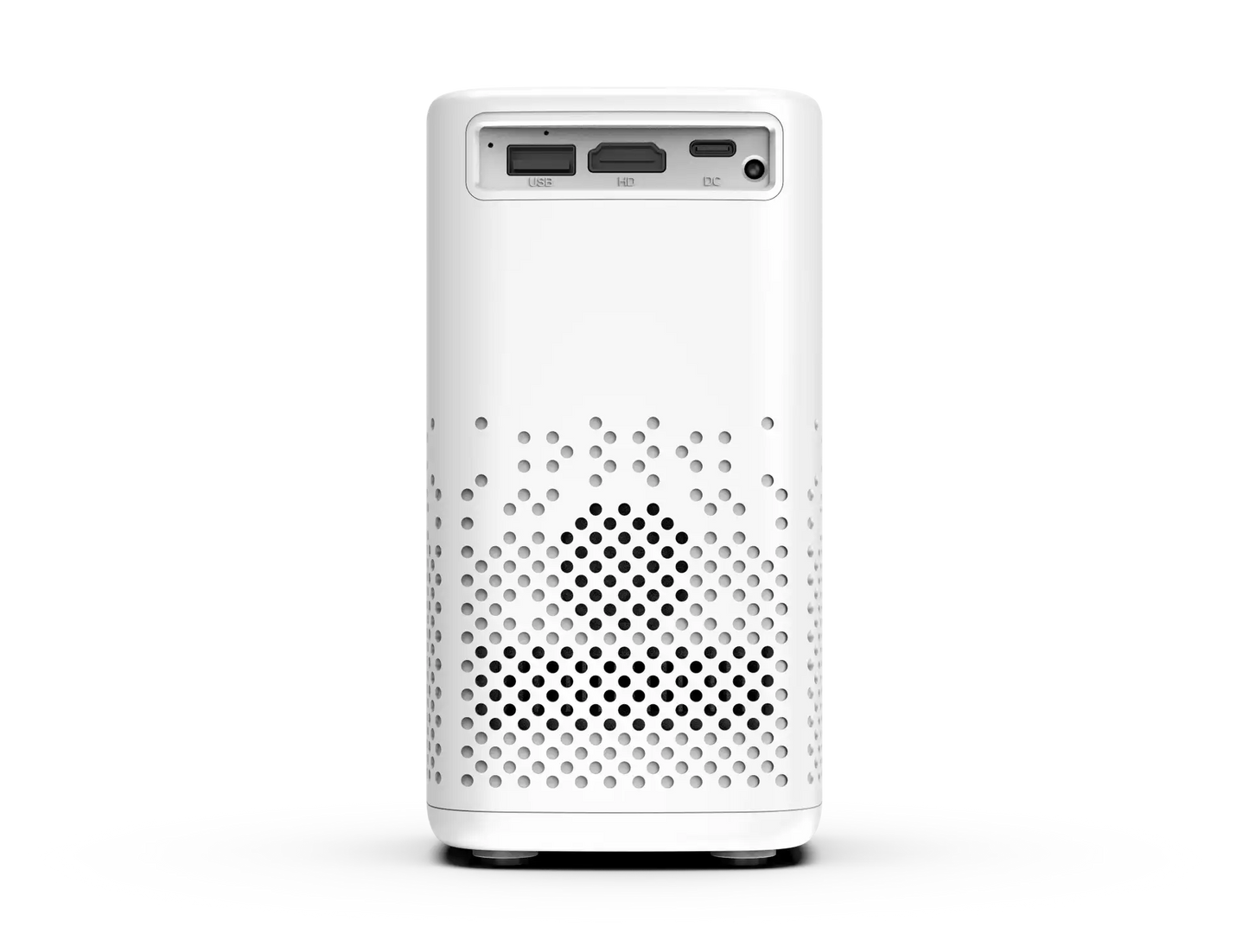 Denver PR-4700 bærbar projektor, 4K-opløsning, bagfra med ventilationshuller, USB-port, HDMI-port og DC-strømindgang.