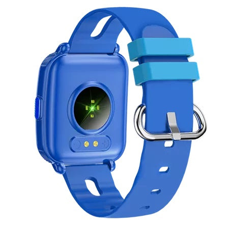Denver SWK-110P børnesmartwatch blå med blå rem, to lyseblå sløjfer, grøn urskive, to gule knapper og metalspænde.