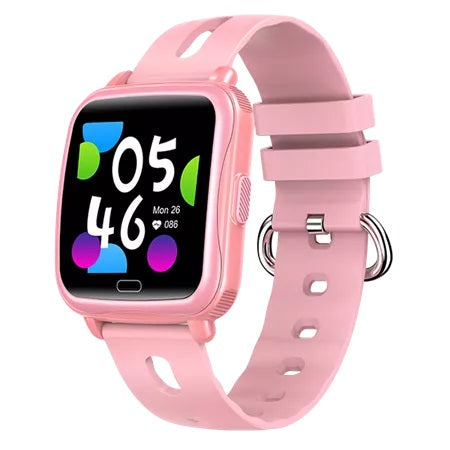 Denver SWK-110P børne-smartwatch pink, viser tid, dato, pulsmåler, rektangulært display, silikonerem med huller, sølvspænde.