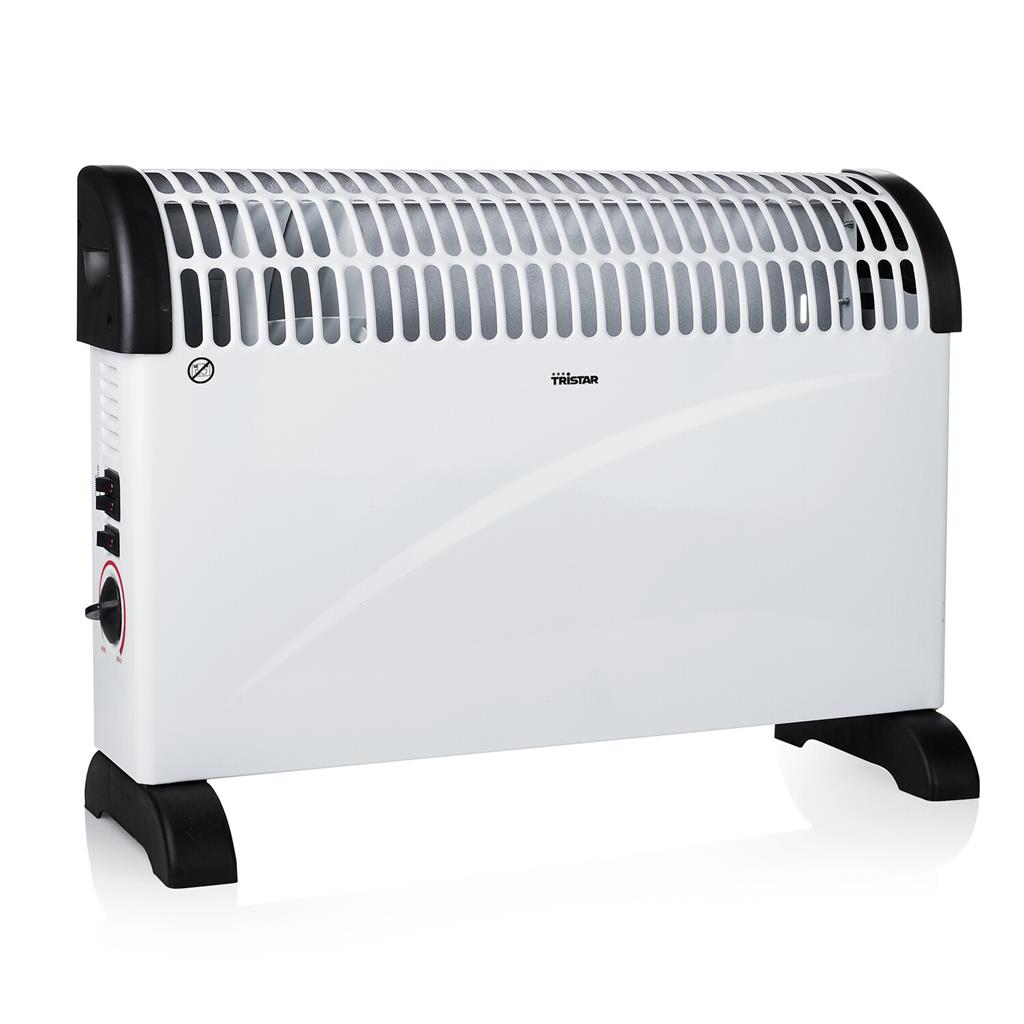 Tristar KA-5912 konvektionsradiator, hvid med sorte sidepaneler og fødder, buet top, venstre kontrolknapper, Tristar-logo.