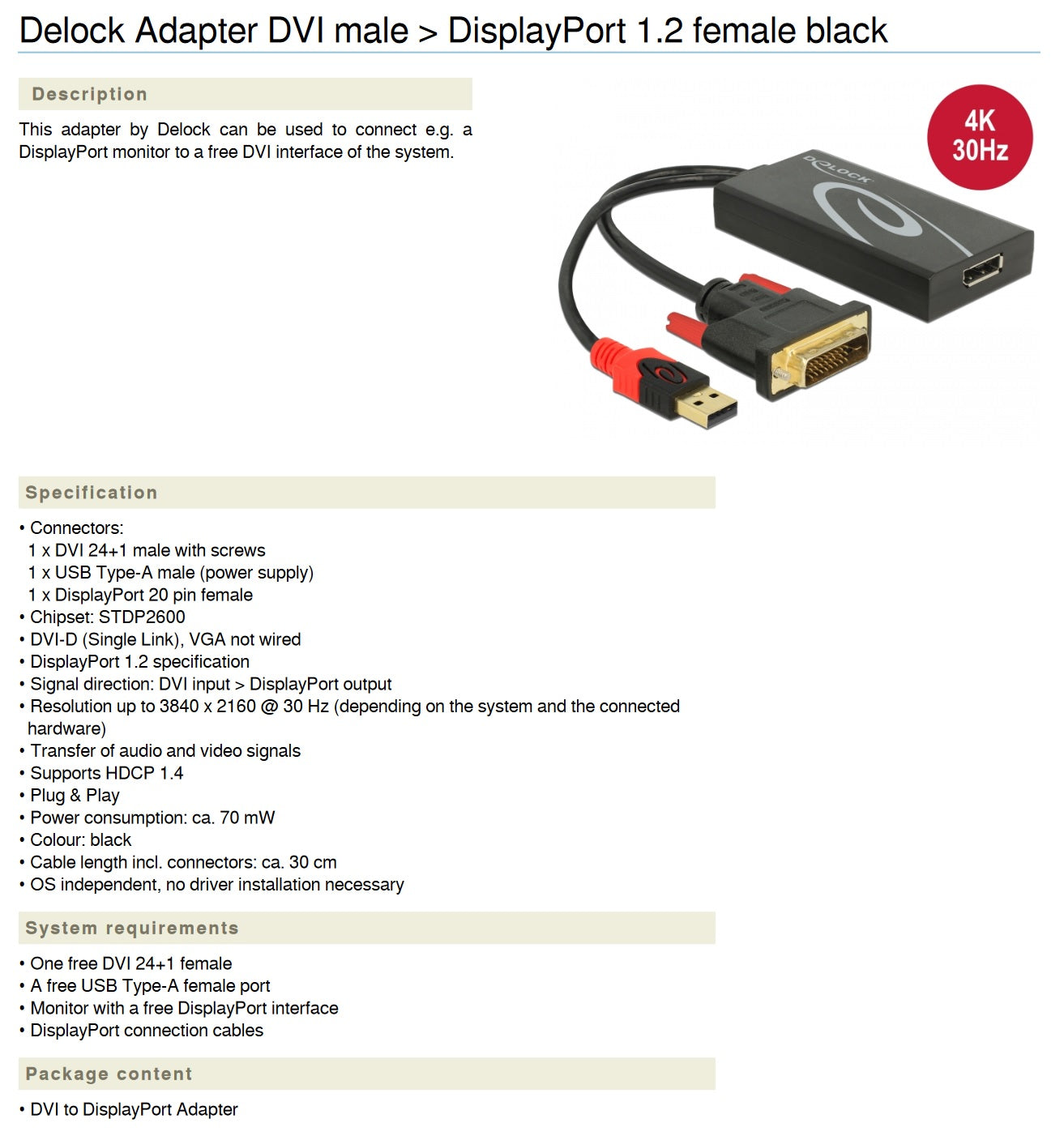 DVI til DisplayPort 1.2 adapter 4K, sort DVI han til DP hun, understøtter 4K 30Hz, inkl. USB/lydkabler og indhold.