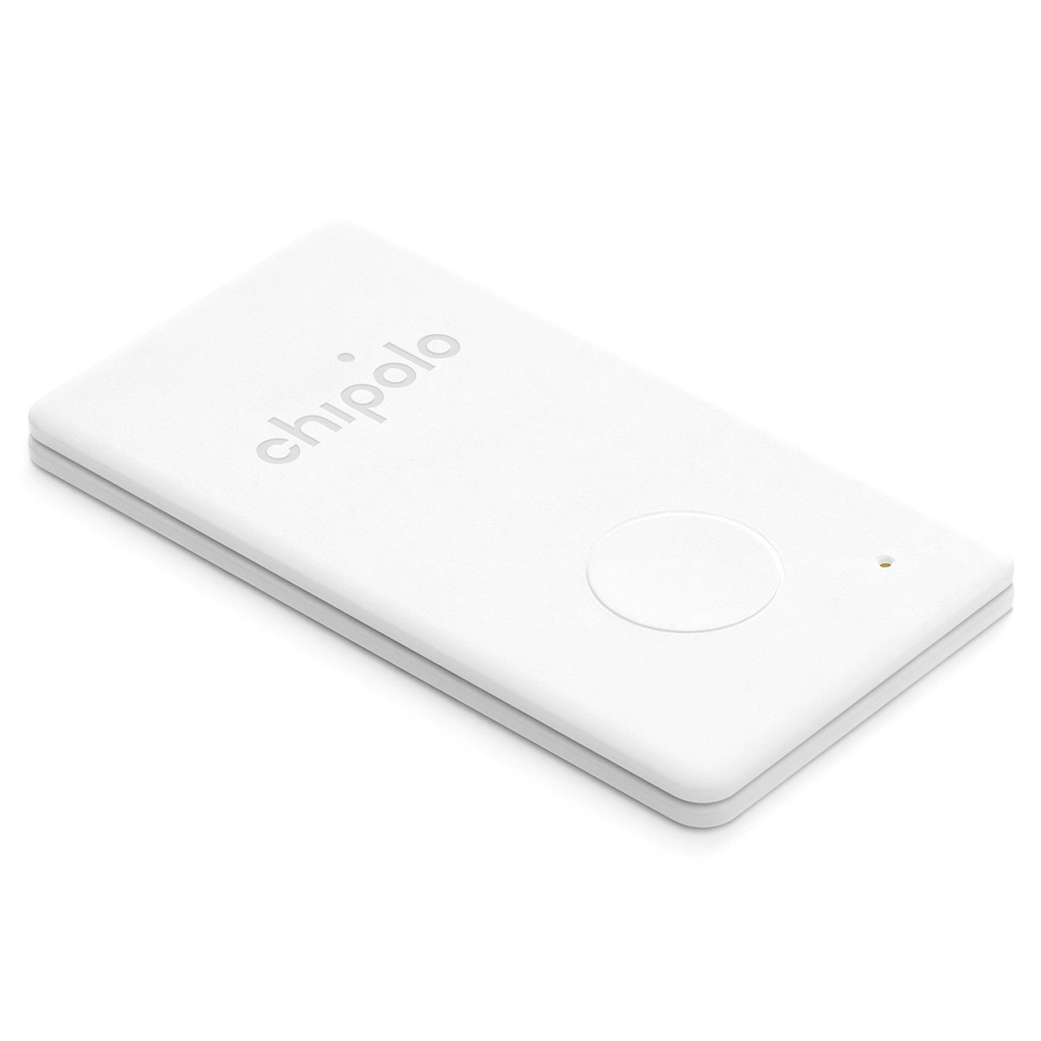Chipolo Card Bluetooth GPS-tracker til pung, hvid, 2-pak, slank rektangulær med afrundede hjørner, lys og Chipolo-logo.