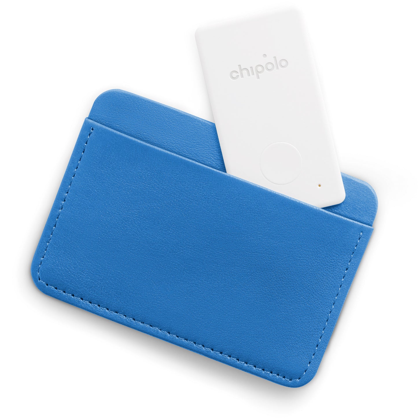 Chipolo Card Bluetooth GPS tracker til pung, hvid, 2-pak, delvist i blå kortholder med synlig syet kant set oppefra.