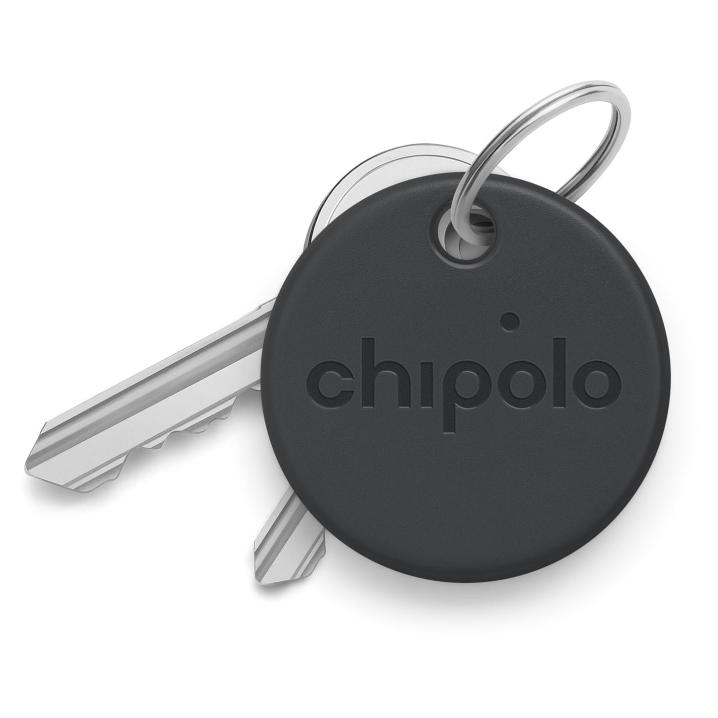 Chipolo One Spot Bluetooth nøglefinder sorterer på nøglering med to sølvnøgler, Apple Find My kompatibel.