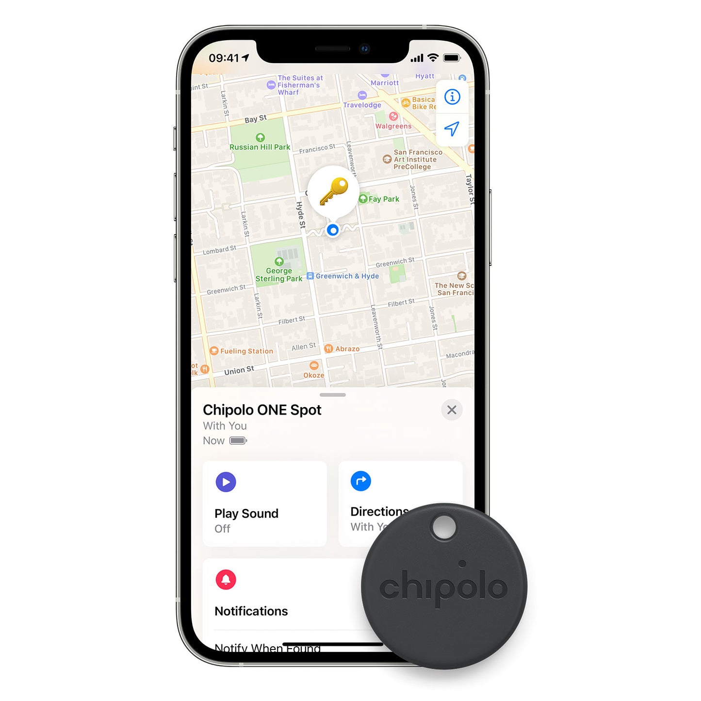 Chipolo One Spot Bluetooth nøglefinder sorterer vist foran smartphone med Chipolo app og Apple Find My på skærmen.