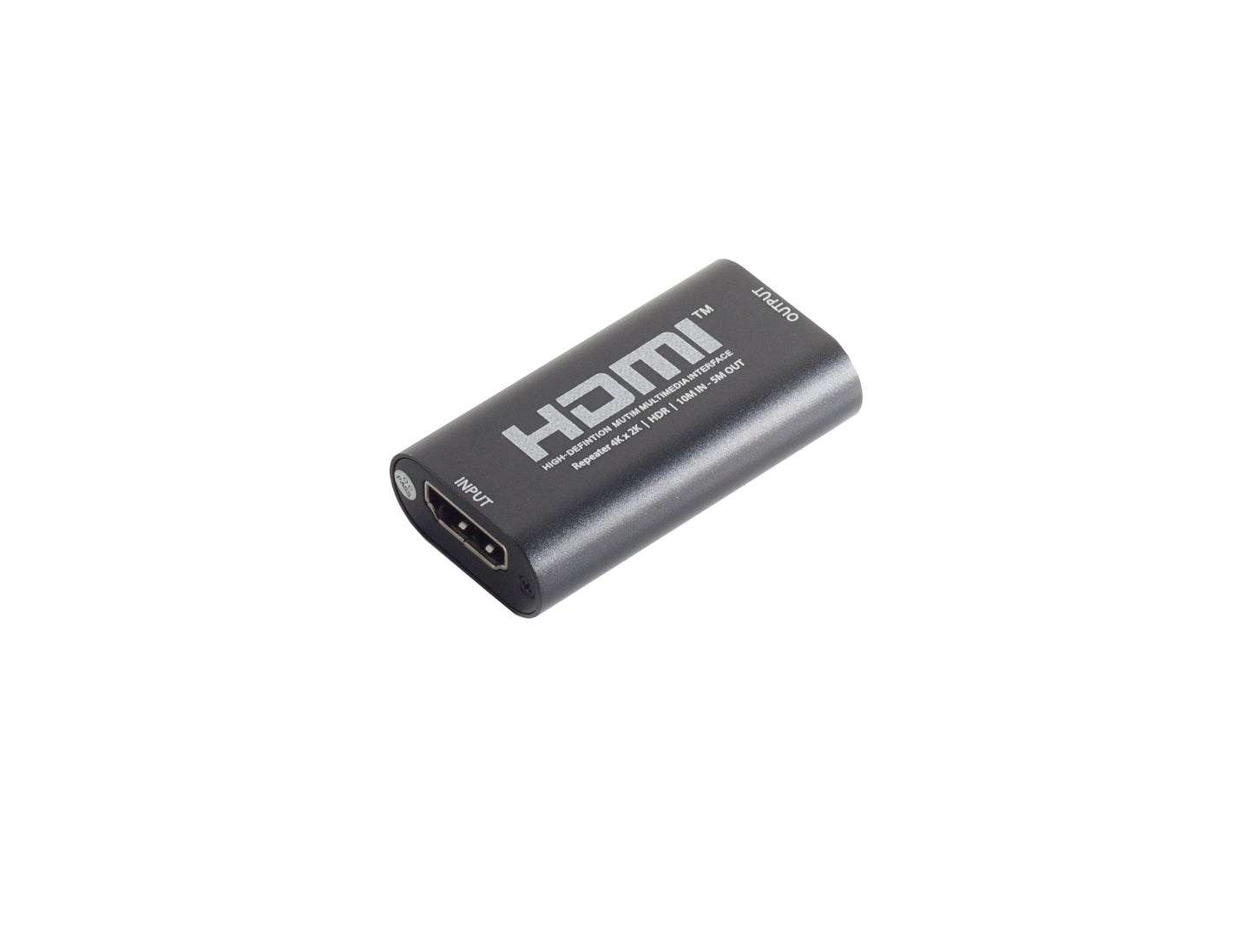 HDMI forstærker 4K/60Hz-sort, input/output-mærke, "HDMI"-tekst på toppen, understøtter 4K HDR-signal.
