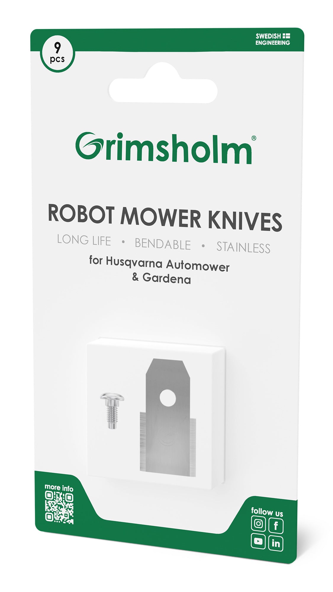 Grimsholm-kniv til Automower 9-pak, rustfri og bøjelig klinge med skruer, kompatibel med Husqvarna og Gardena.