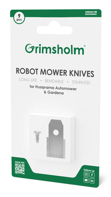 Grimsholm-kniv til Automower 9-pak, rustfri og bøjelig klinge med skruer, kompatibel med Husqvarna og Gardena.